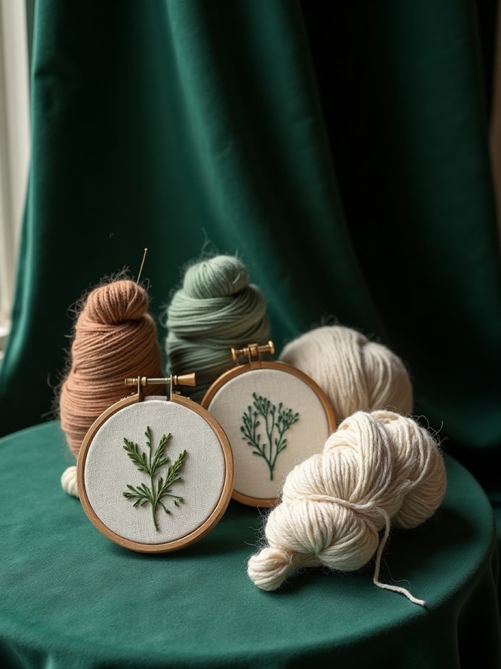 Embroidery kit and yarn on dark green velvet