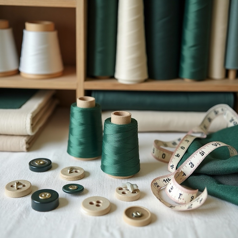 Silk thread, buttons, zippers, and measuring tape on ivory linen